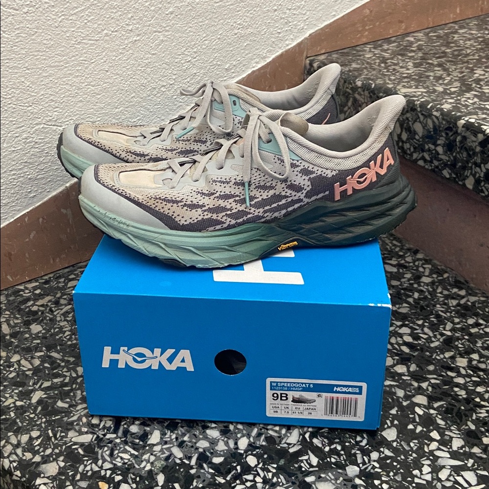 Hoka Women's SpeedGoat 5 Gray and Green Athletic Shoes